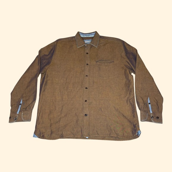 32 Bar Blues Mens LARGE Brown Copper Metallic Iridescent Linen Cotton Shirts